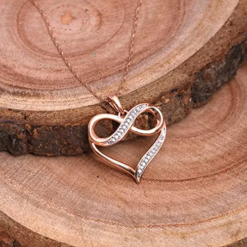 10K Rose Gold Diamond Infinity Heart Pendant Necklace for Women (1/20 ct), 18”