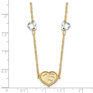 14K Two Tone Gold Textured Polished Finish 15 Heart Pendant Design in a 18.5-Inch with 2-Inch Extention Cable Chain Necklace Set