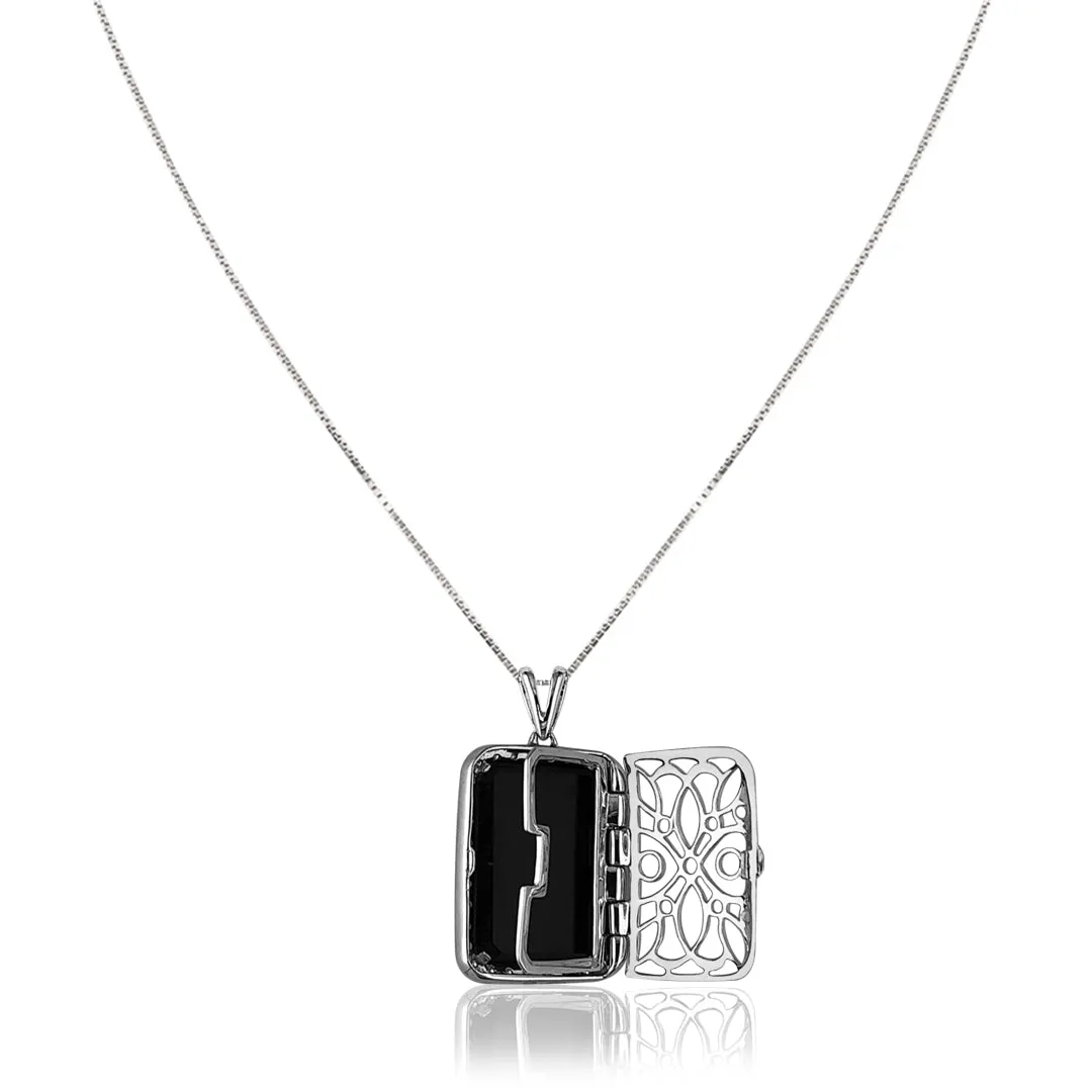 14K White gold locket necklace with black onyx and diamonds