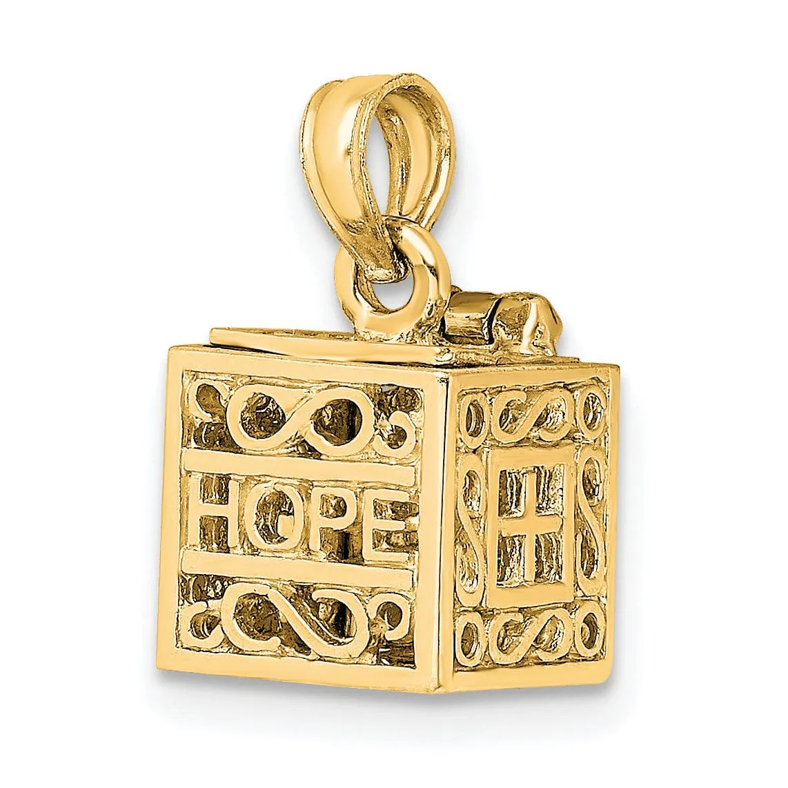 14K Yellow Gold Polished Finish 3-D Faith and Hope Prayer Box Pendant