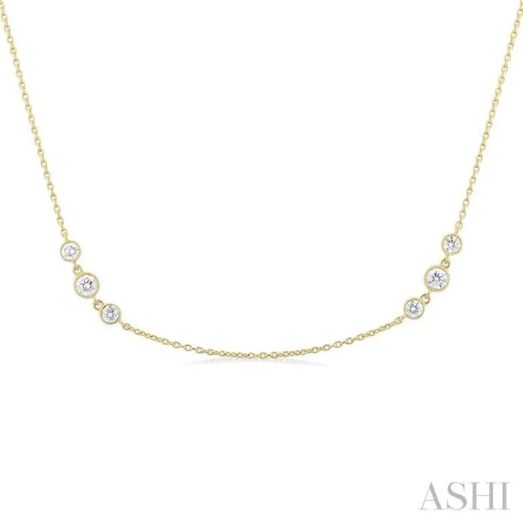 3/4 ctw Three Stone Bezel Set Round Cut Diamond Station Necklace in 14K Yellow Gold