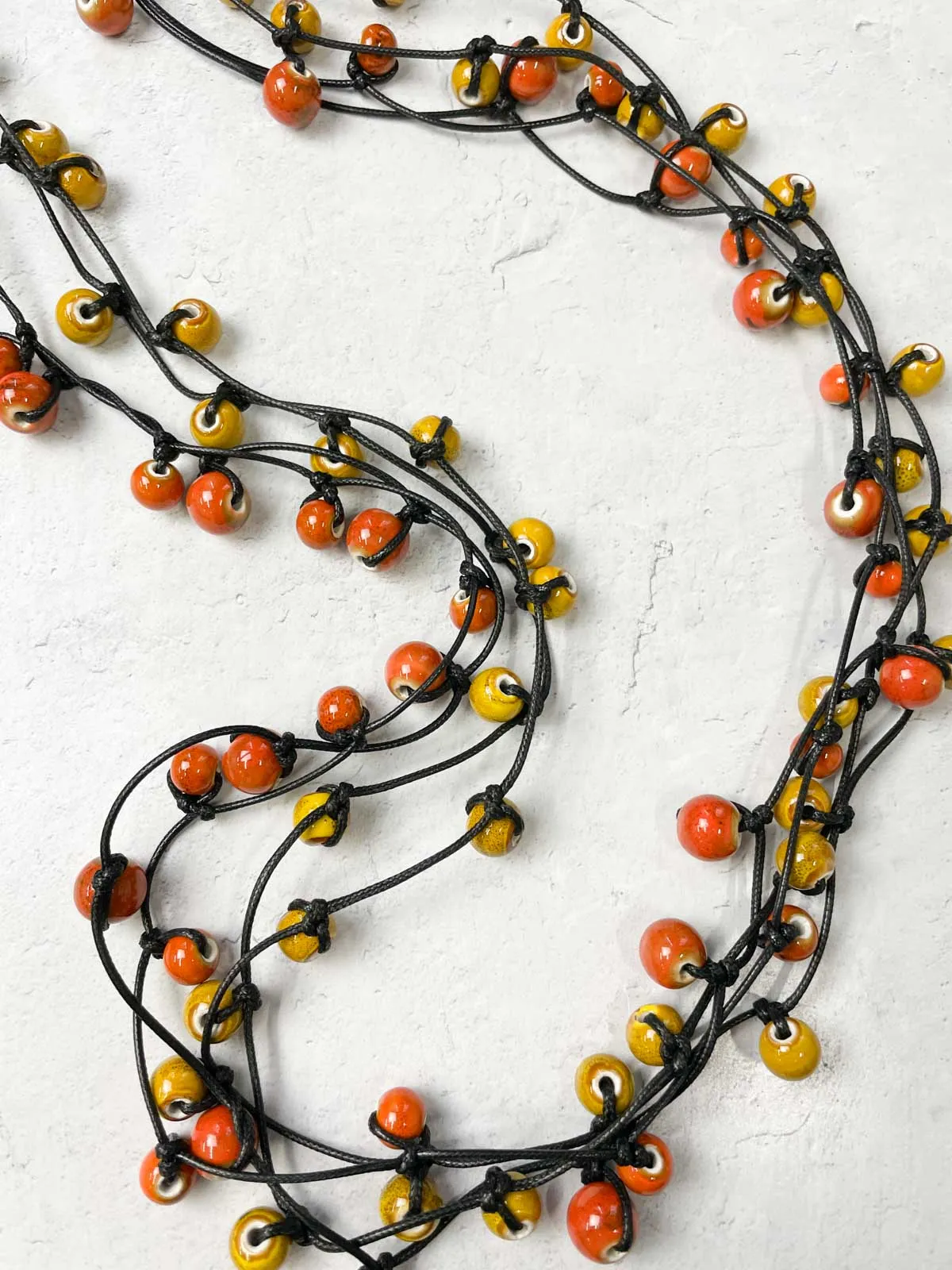 4 Strand Ceramic Beads Knotted Cord Necklace, Orange/Mustard