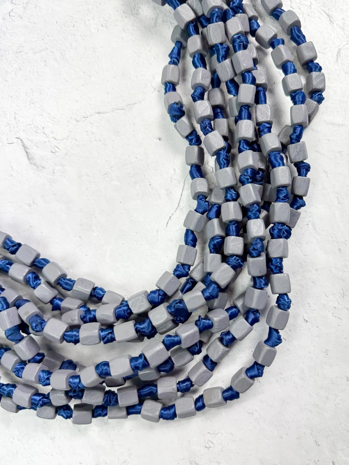 4 Strand Square Bead on Knotted Cord Necklace, Gray/Royal Blue