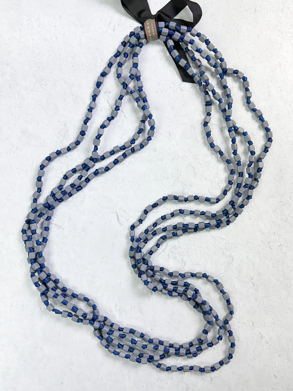 4 Strand Square Bead on Knotted Cord Necklace, Gray/Royal Blue