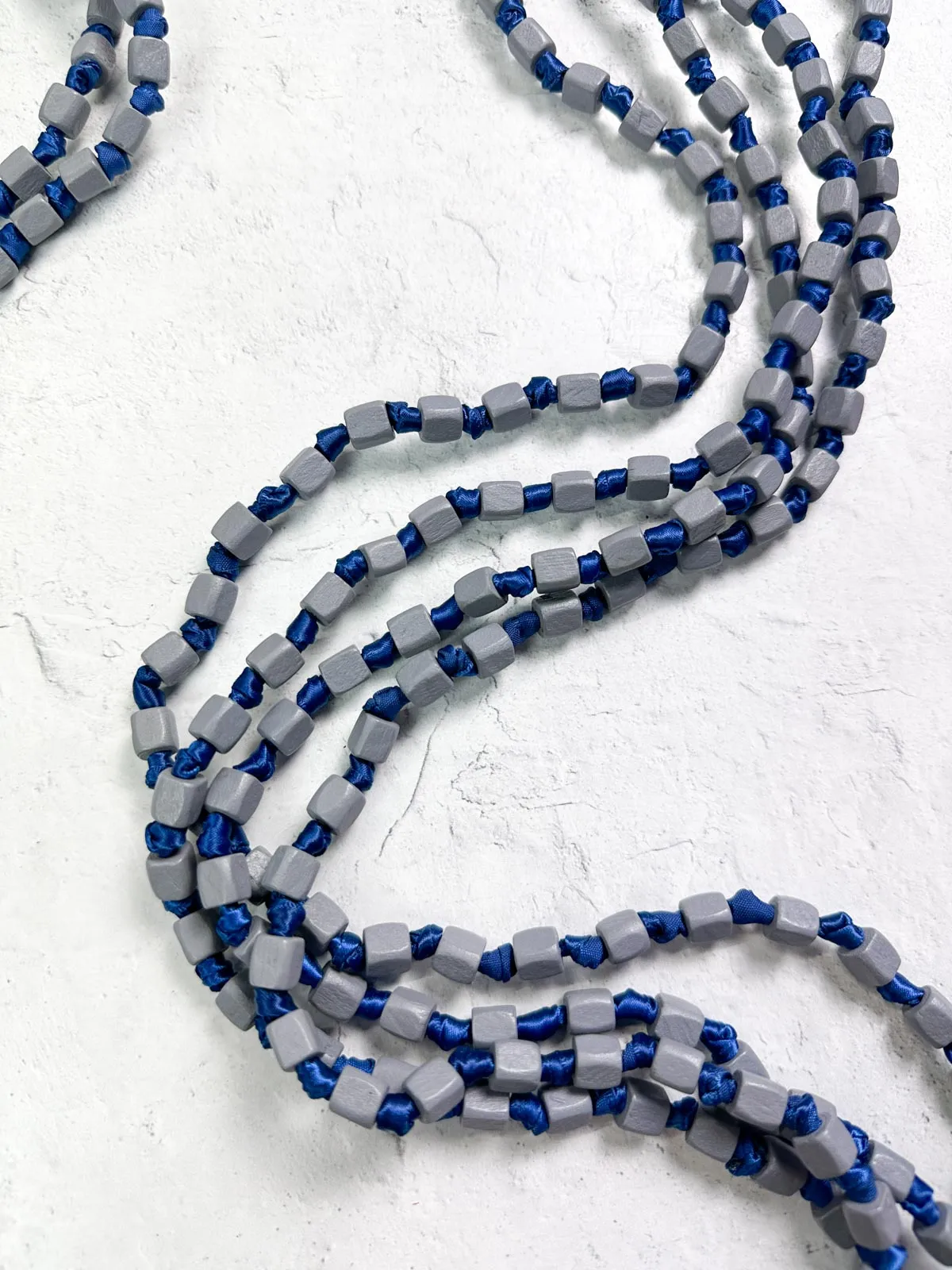 4 Strand Square Bead on Knotted Cord Necklace, Gray/Royal Blue