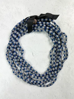 4 Strand Square Bead on Knotted Cord Necklace, Gray/Royal Blue