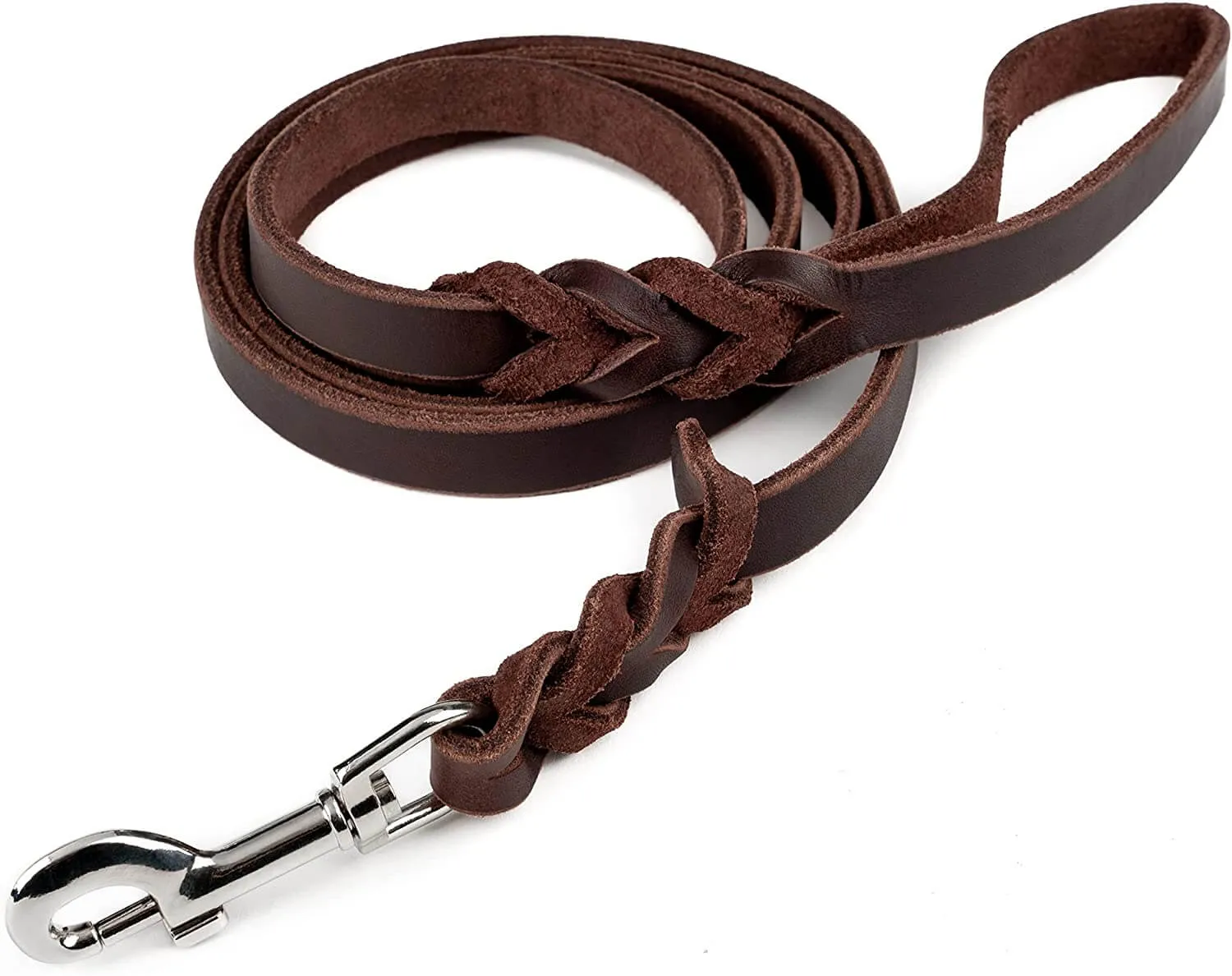 6' Braided Leather Dog Leash - Padded Handle & Aviation Aluminum Carabiner