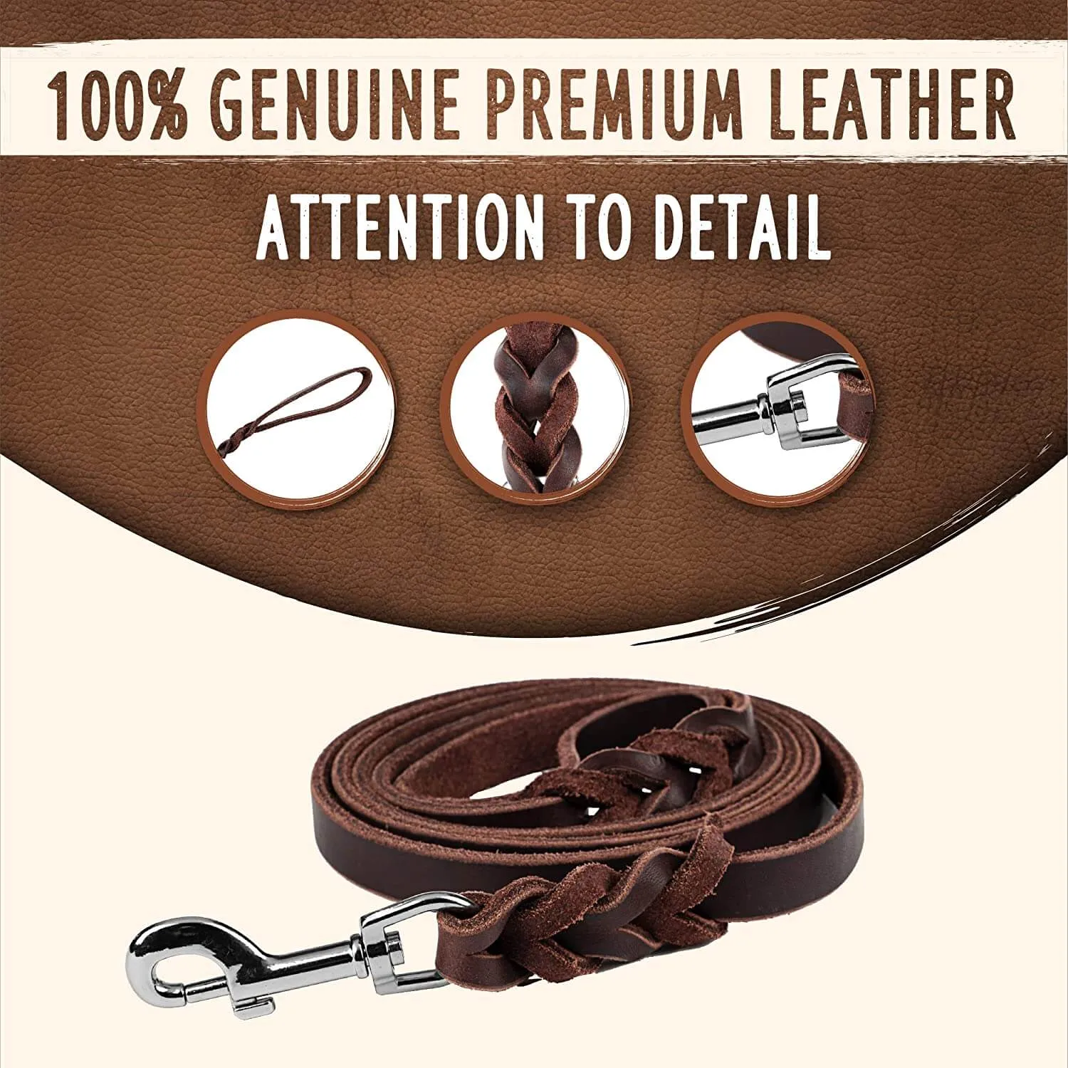 6' Braided Leather Dog Leash - Padded Handle & Aviation Aluminum Carabiner