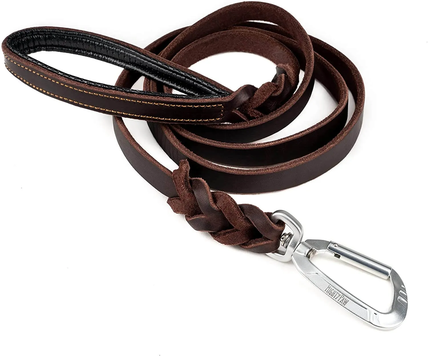 6' Braided Leather Dog Leash - Padded Handle & Aviation Aluminum Carabiner