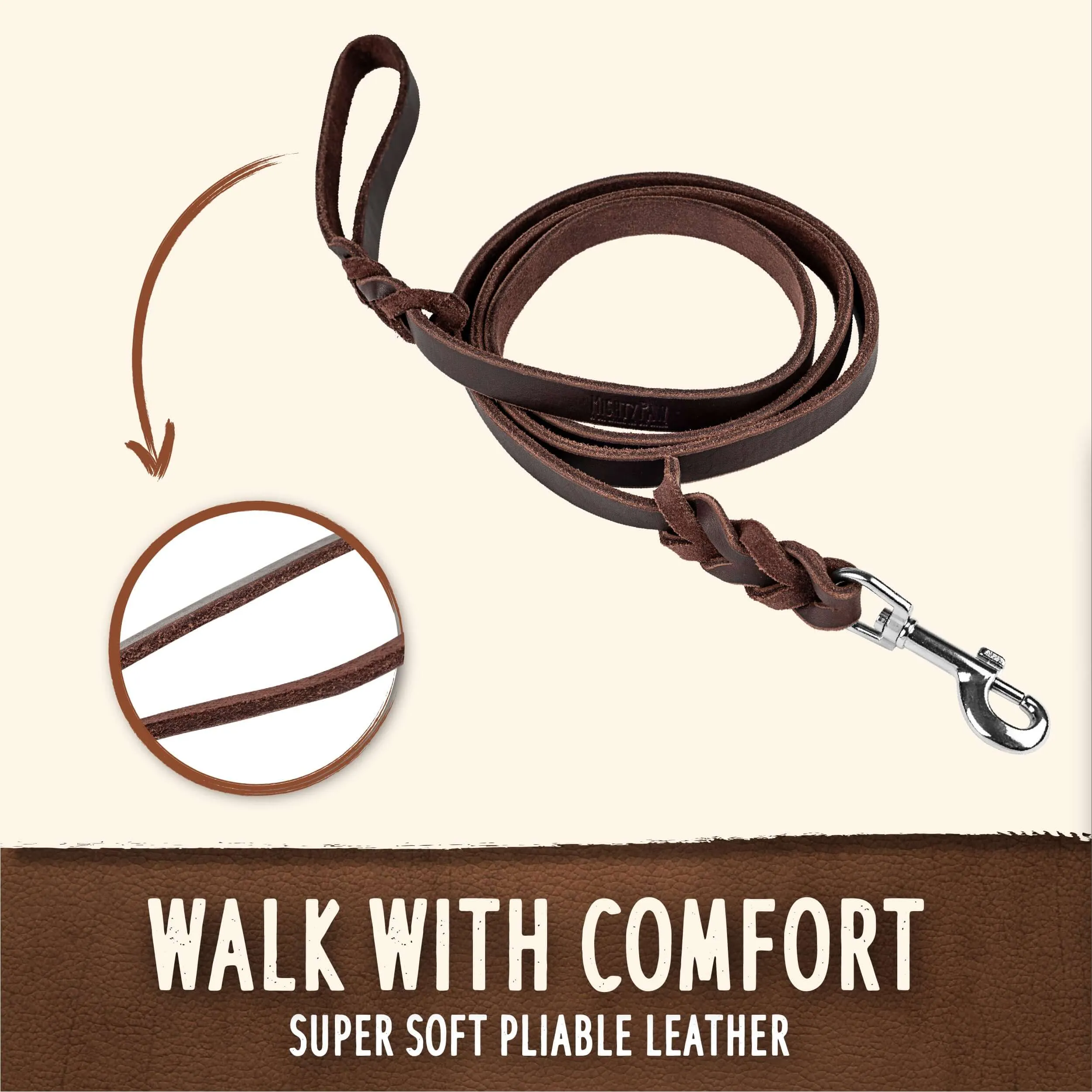 6' Braided Leather Dog Leash - Padded Handle & Aviation Aluminum Carabiner