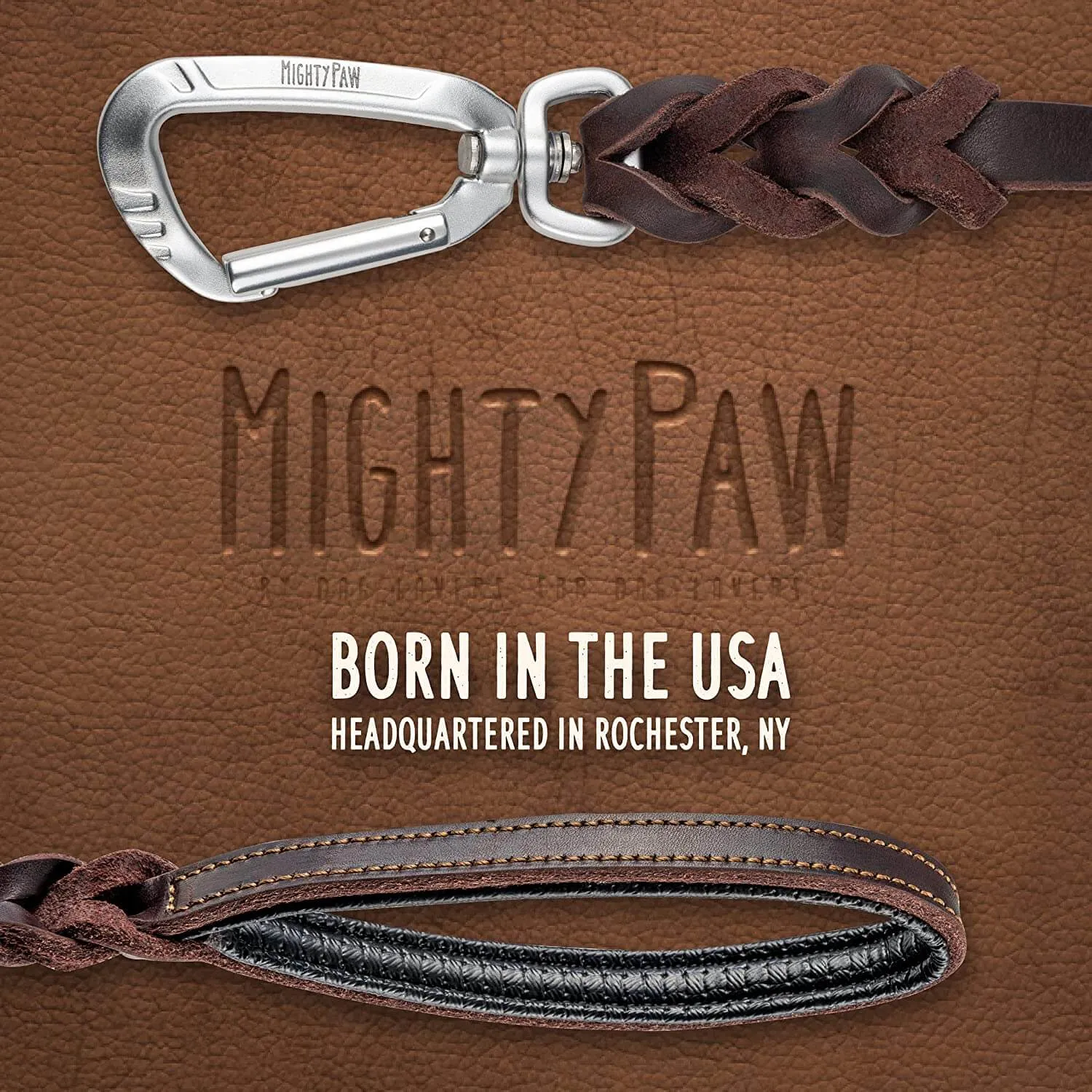 6' Braided Leather Dog Leash - Padded Handle & Aviation Aluminum Carabiner