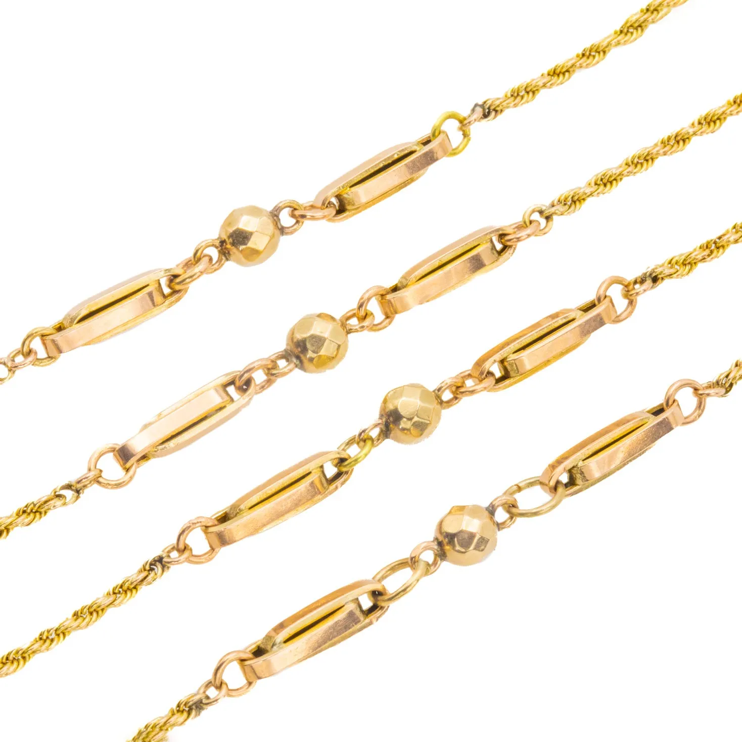 60" Antique 9ct Gold "Ball & Tether" Longuard Rope Chain, 25.2g