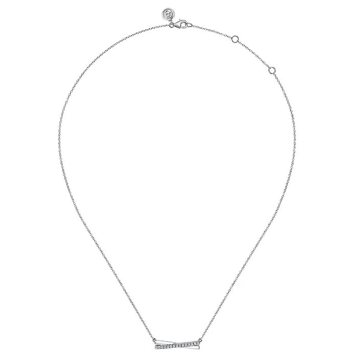 925 Sterling Silver White Sapphire and White Enamel Criss Cross Bar Necklace