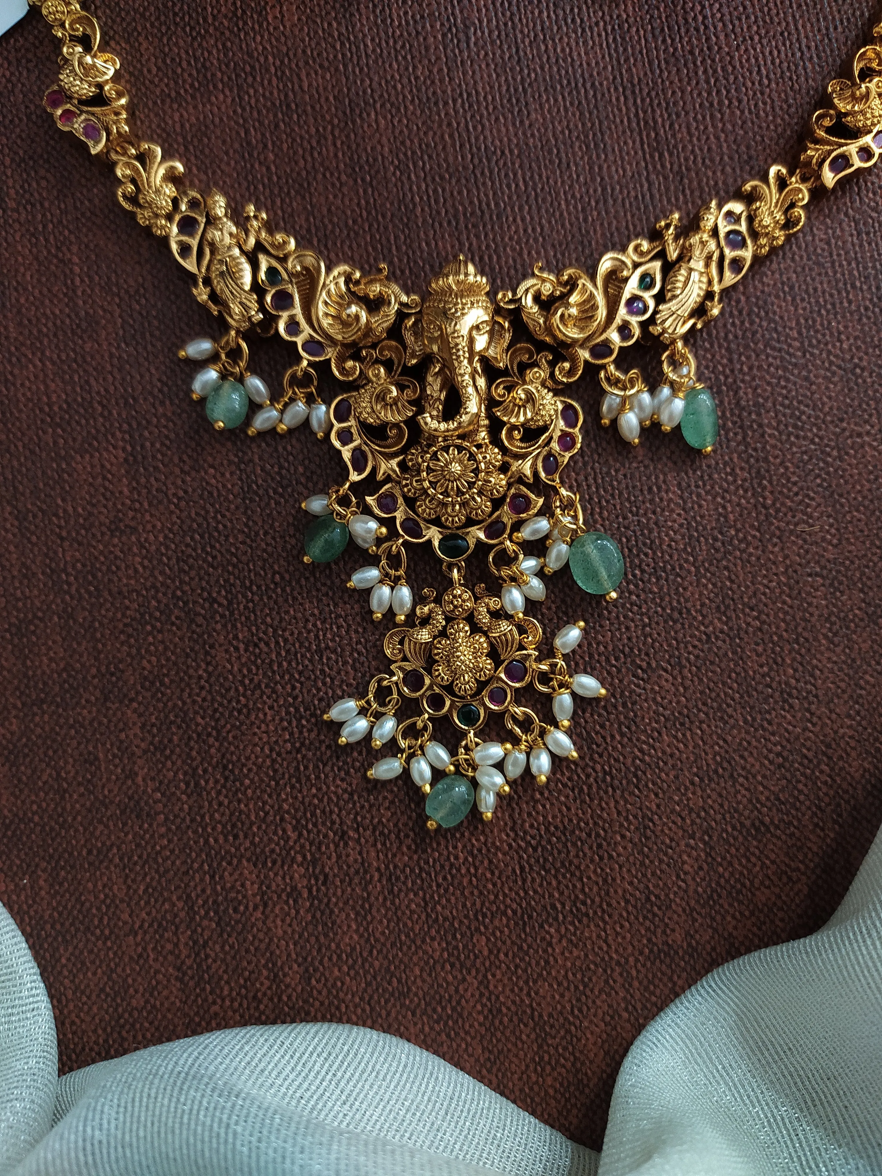 Antique Ganesha Necklace Set with Floral & Peacock Nakshi Work