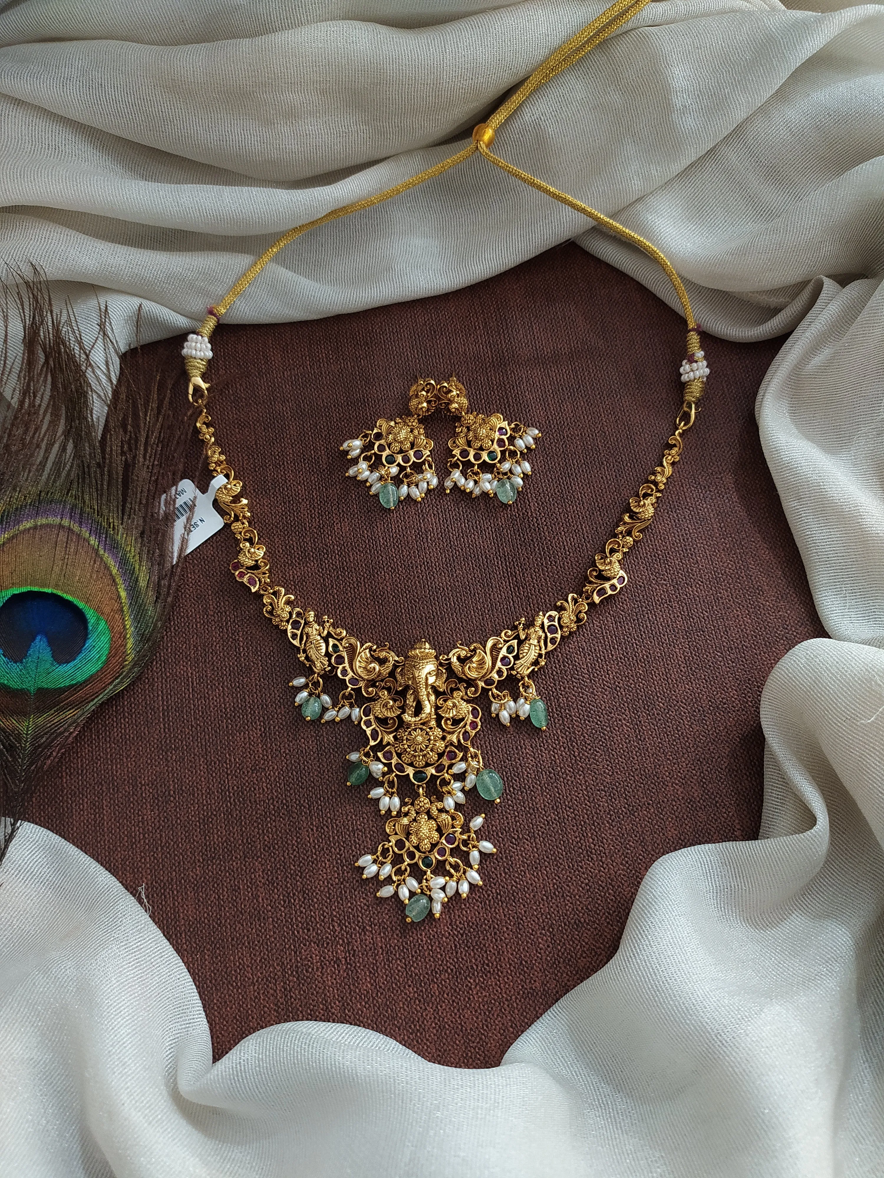 Antique Ganesha Necklace Set with Floral & Peacock Nakshi Work