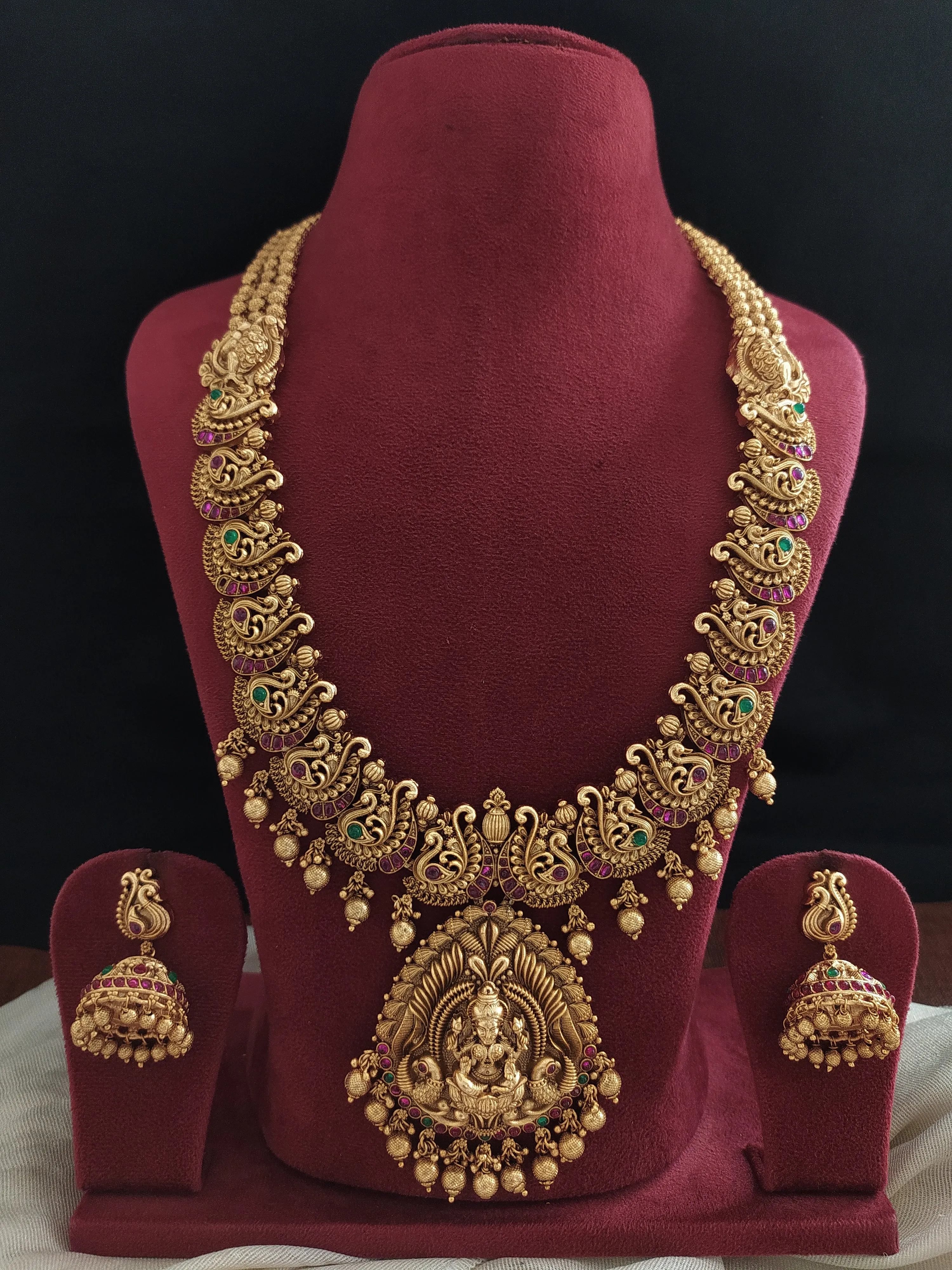 Antique Long Haram with Jhumki Featuring Lakshmi and Peacocks with Nagas Work and Kemp Stones