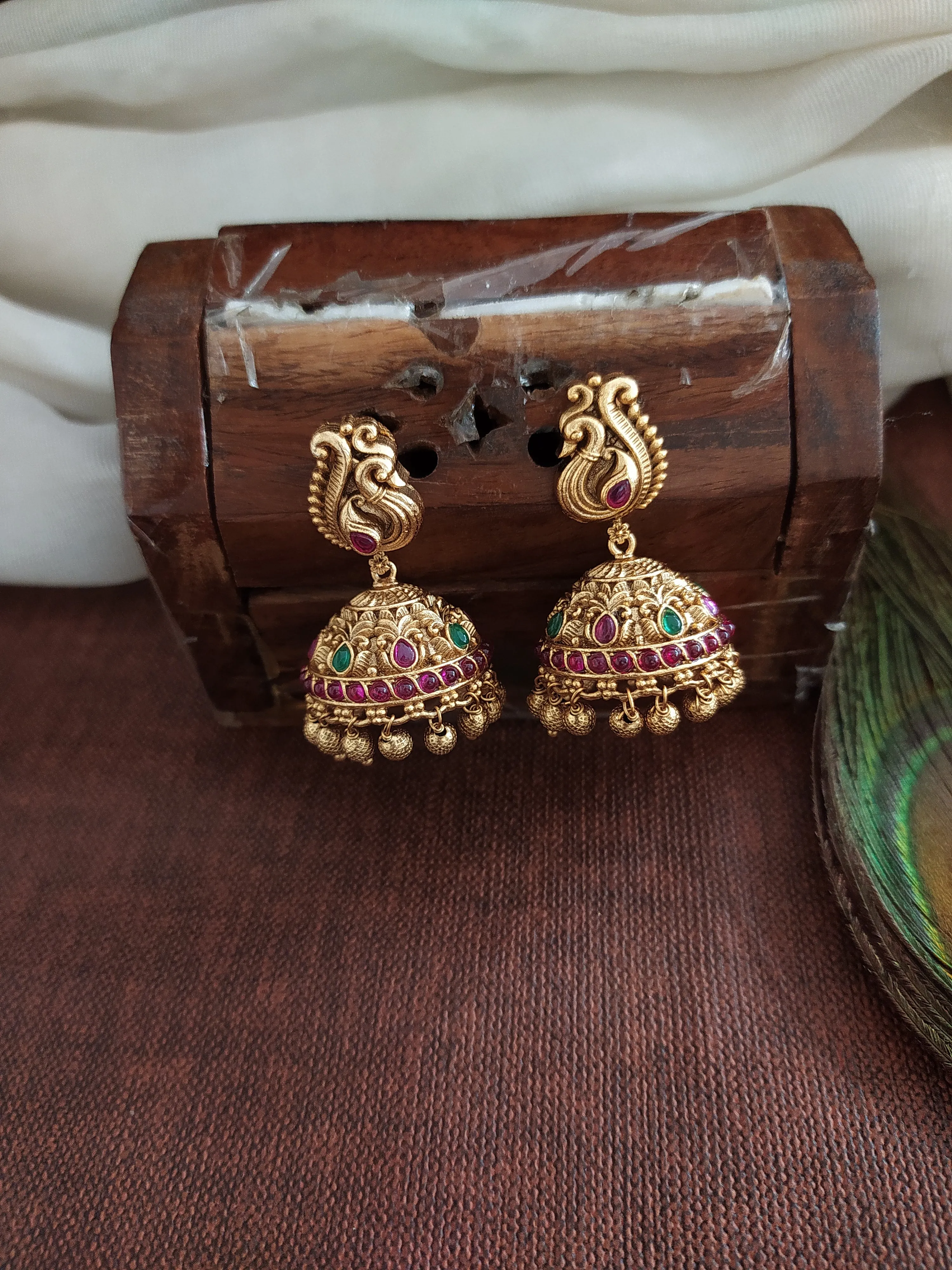 Antique Long Haram with Jhumki Featuring Lakshmi and Peacocks with Nagas Work and Kemp Stones