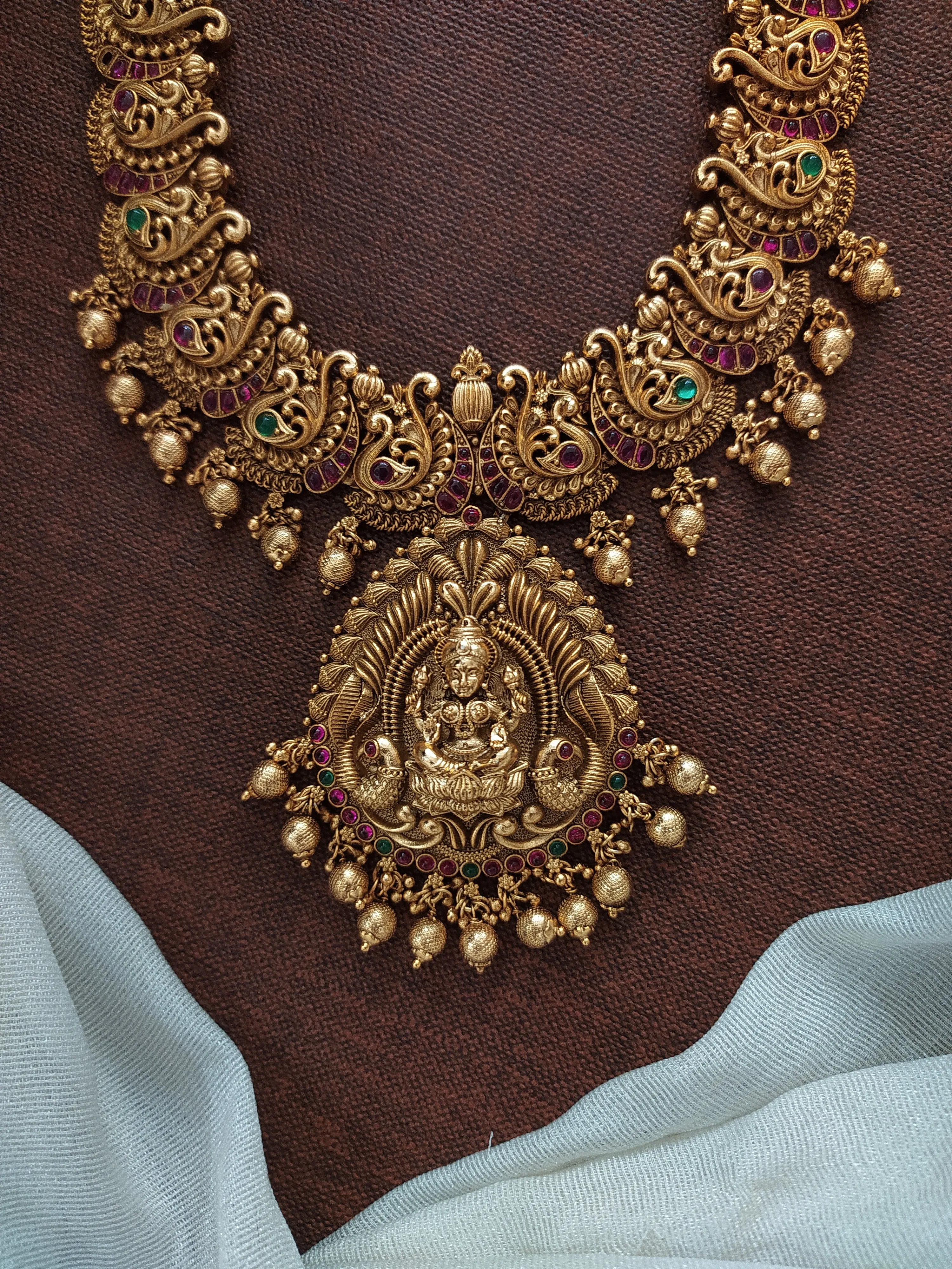 Antique Long Haram with Jhumki Featuring Lakshmi and Peacocks with Nagas Work and Kemp Stones