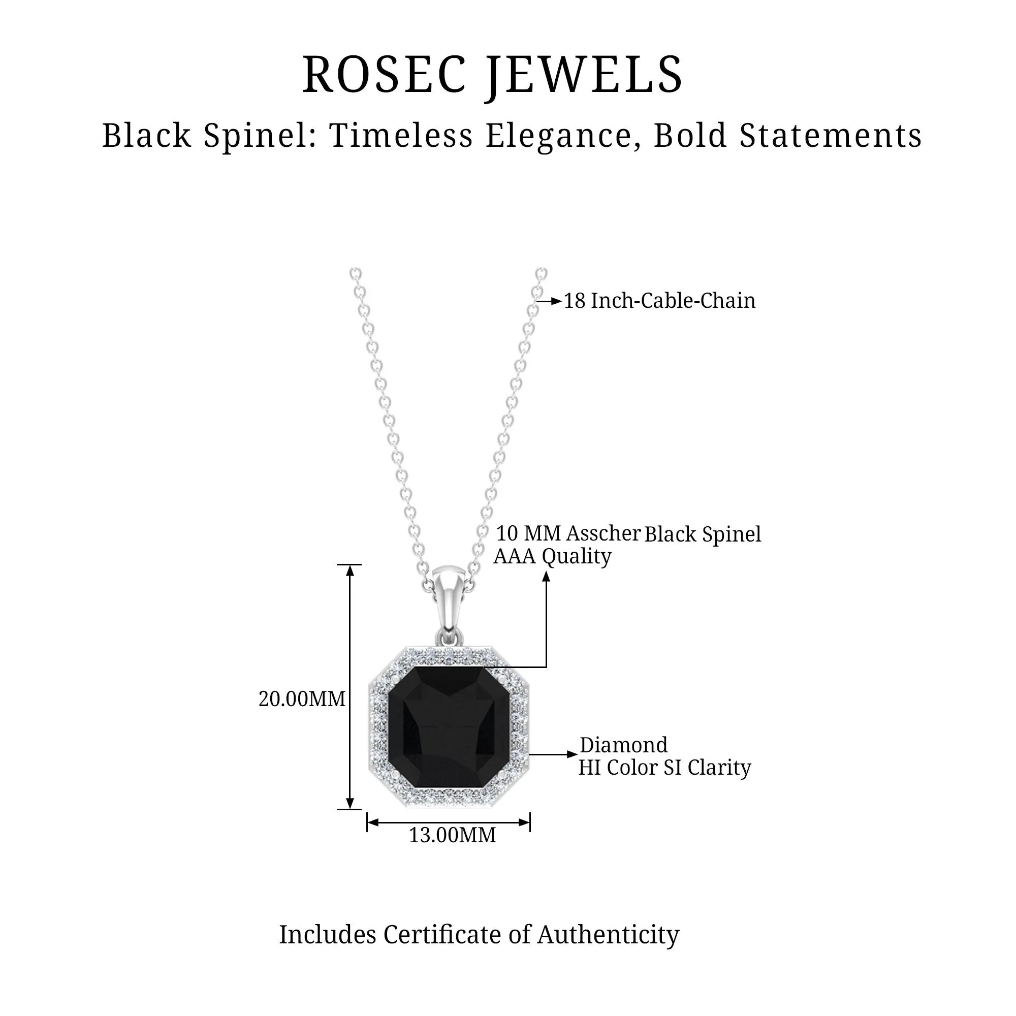 Asscher Cut Black Spinel Halo Pendant with Diamond