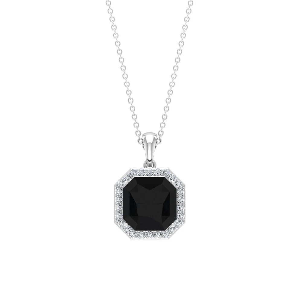 Asscher Cut Black Spinel Halo Pendant with Diamond