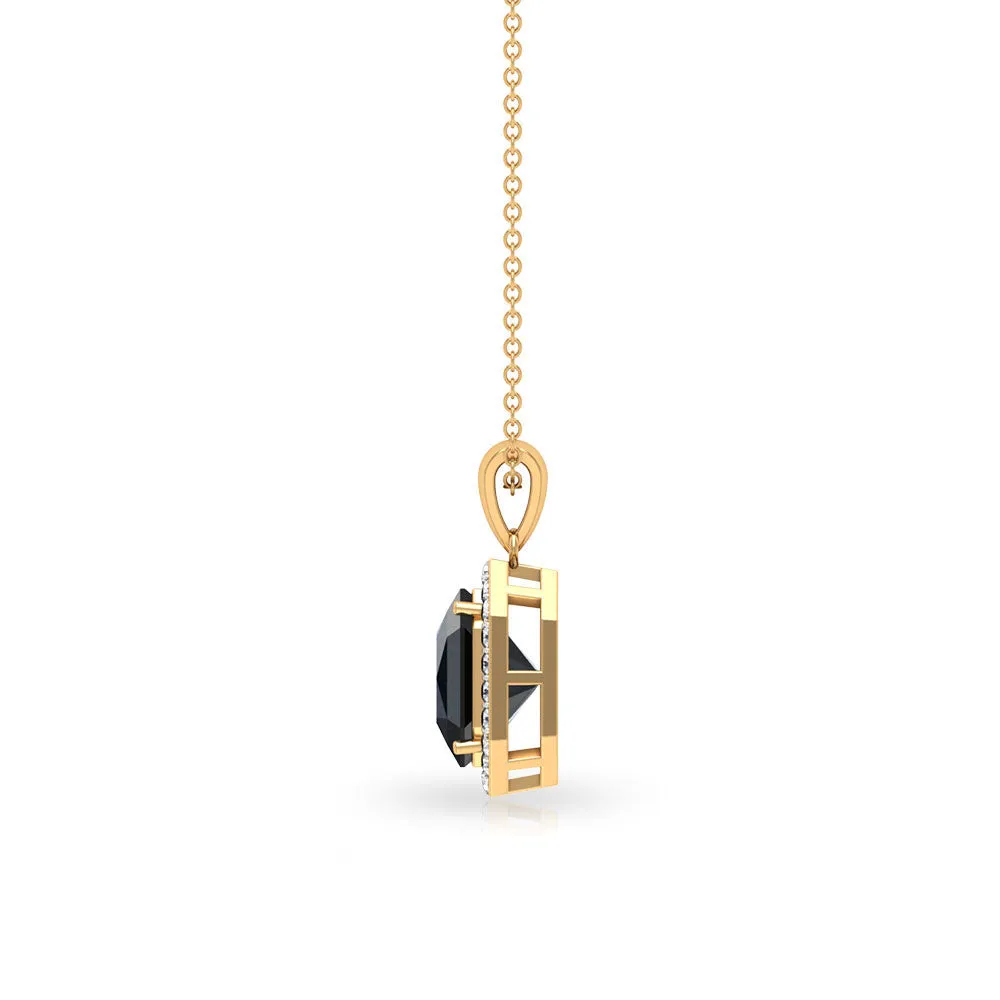 Asscher Cut Black Spinel Halo Pendant with Diamond