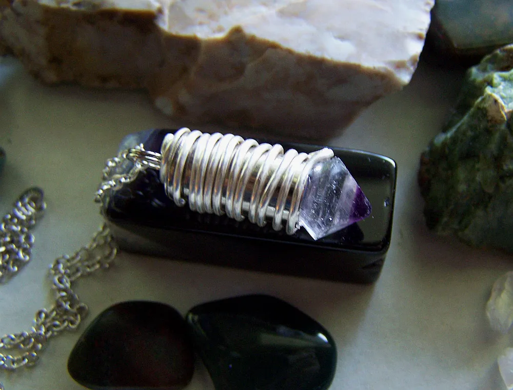 Banded Fluorite Octahedron Silver Bullet Pendant