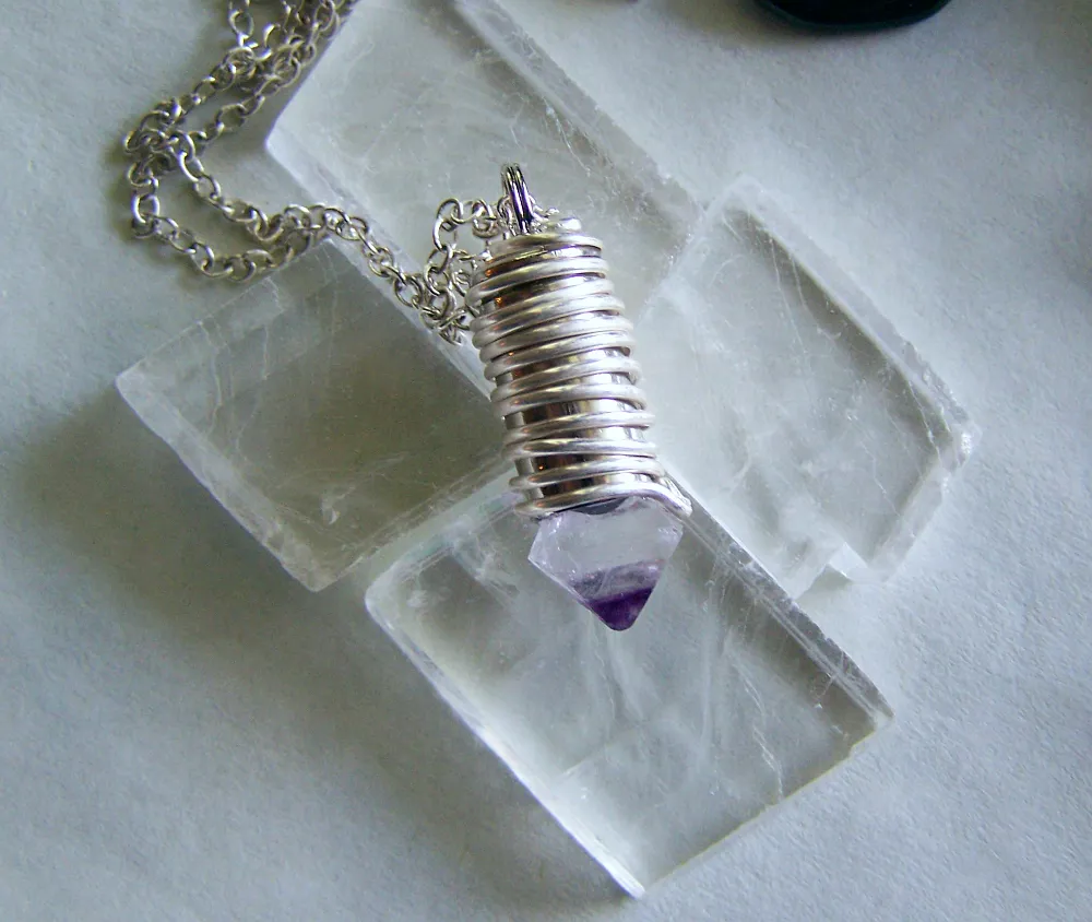 Banded Fluorite Octahedron Silver Bullet Pendant