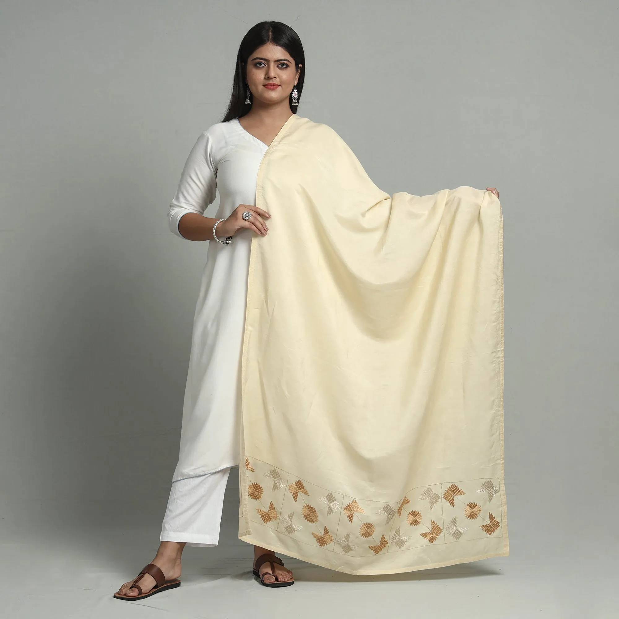 Beige - Phulkari Hand Embroidery Cotton Handloom Dupatta