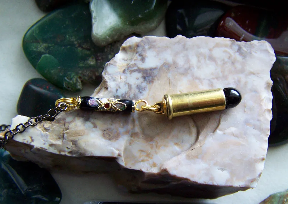 Black Obsidian Gold Cloisonne Bullet Jewelry Pendant