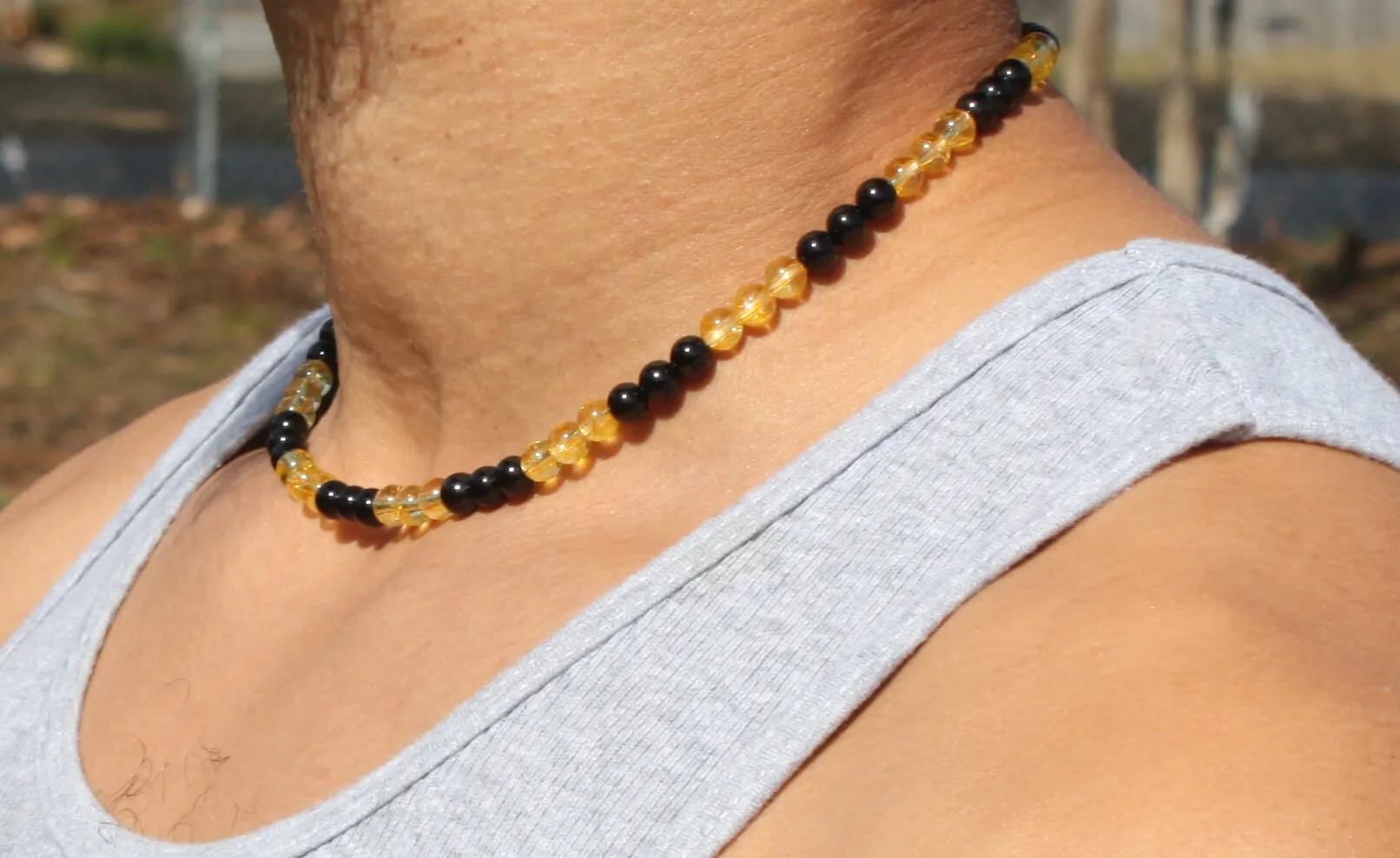 Black Tourmaline and Citrine Necklace - Gifts for Man/Woman - Protection and Prosperity Necklace - 6mm Beaded Necklace