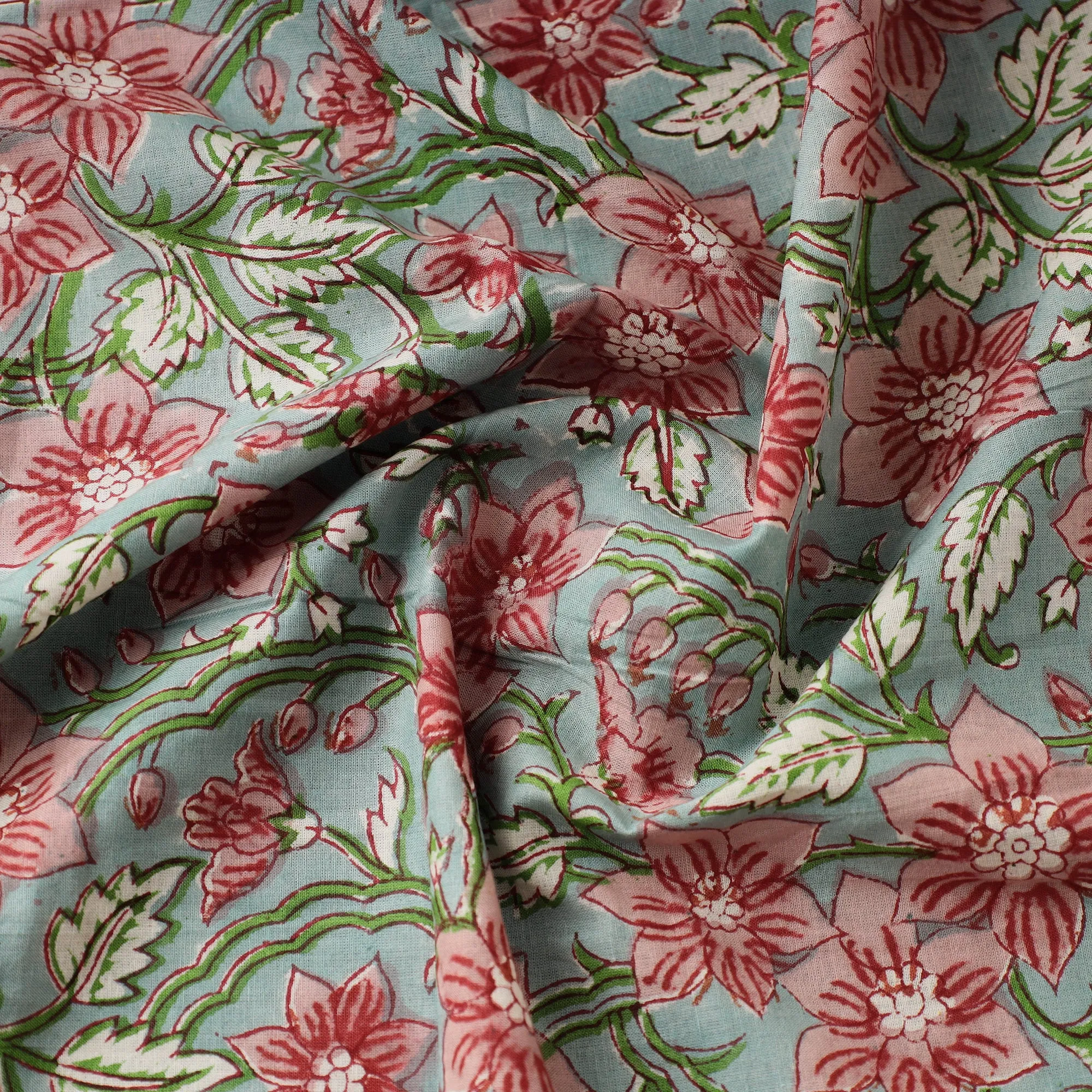 Blue - Magnolia Flower Cotton Sanganeri Print Fabric 03