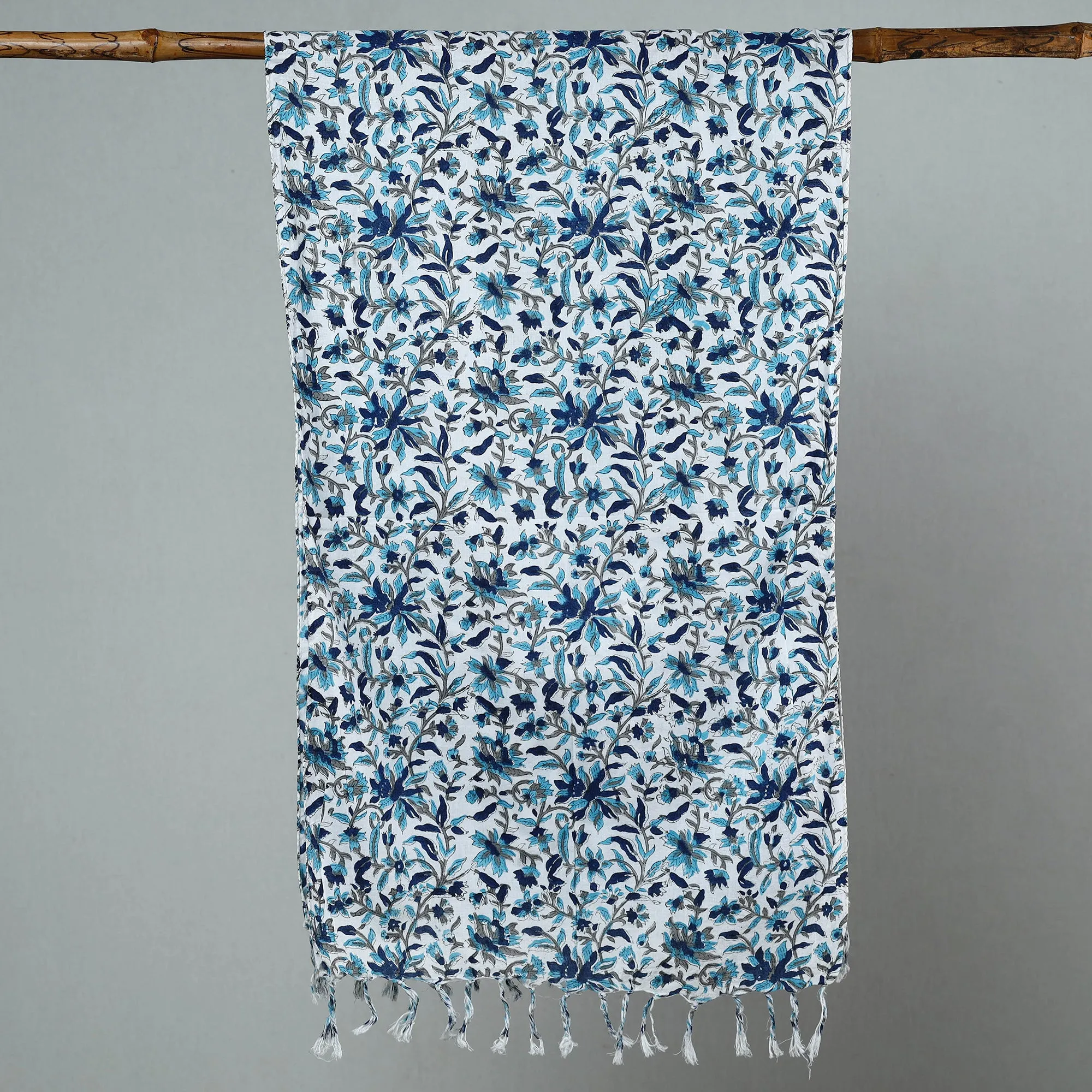 Blue - Sanganeri Block Printed Cotton Stole with Tassels 110