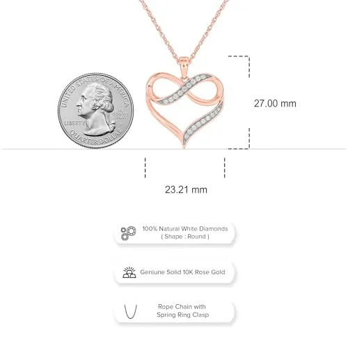 Cali Trove Diamond Infinity Heart Pendant for Women (Rose Gold) | 1/4cttw Real White Diamonds Necklace for Women | Infinity Heart Pendant Gift for her | Mother's Day Gift for Mom |Jewelry for Women