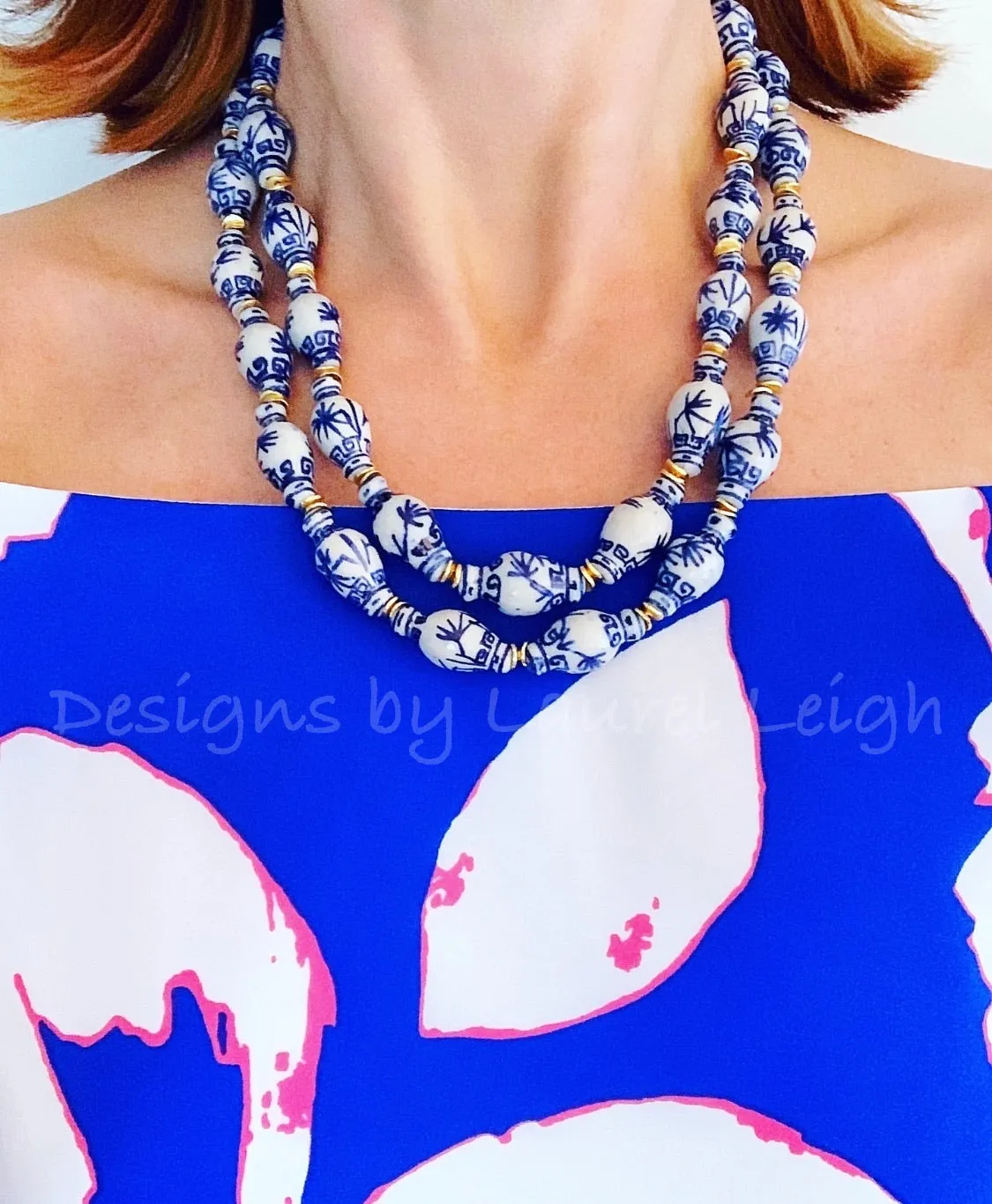 Chinoiserie Double Strand Ginger Jar Necklace - Blue & White