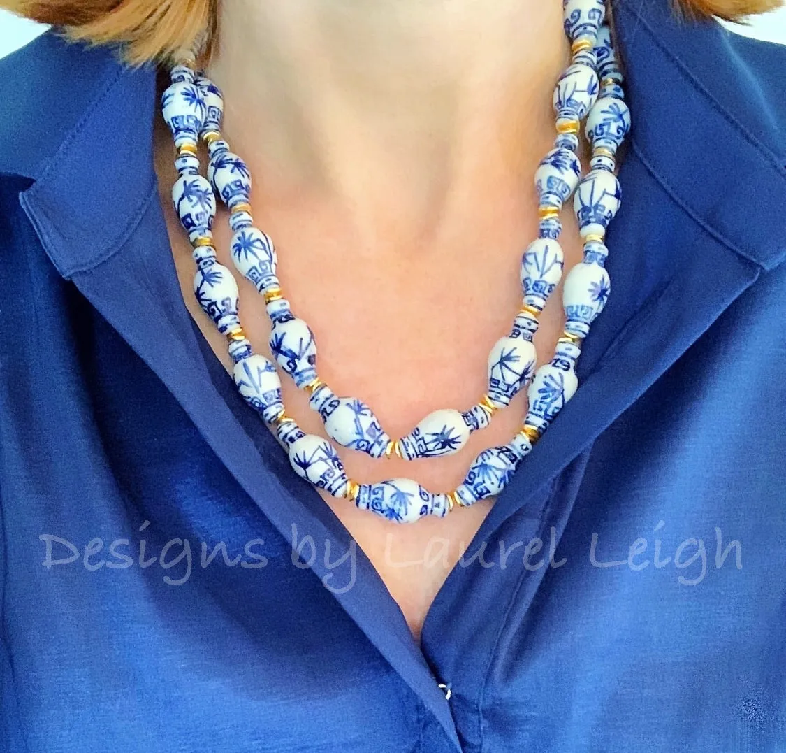 Chinoiserie Double Strand Ginger Jar Necklace - Blue & White