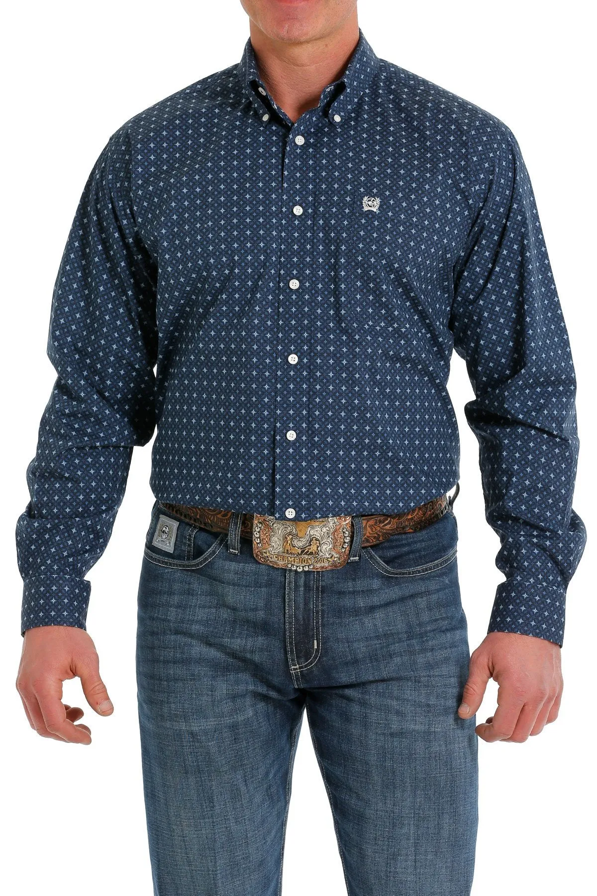 Cinch Mens Stretch Navy Geometric Print Shirt