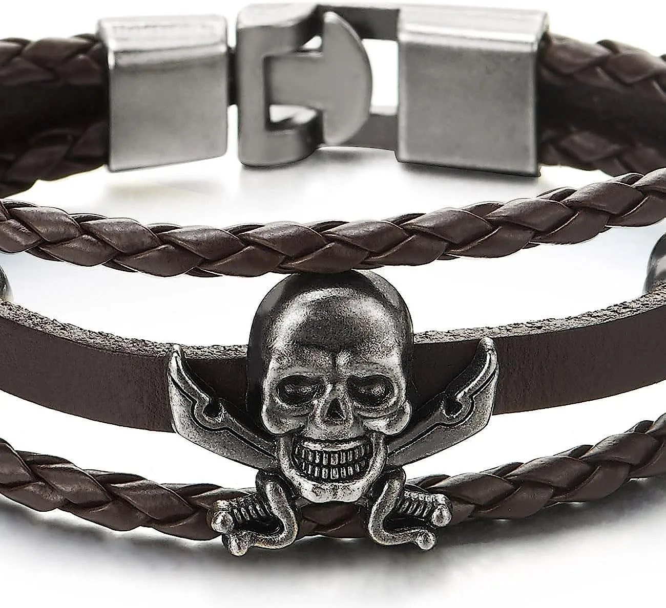 COOLSTEELANDBEYOND Brown Braided Leather Bracelet Sword Pirate Skull Mens Women Multi-Strand Leather Wristband