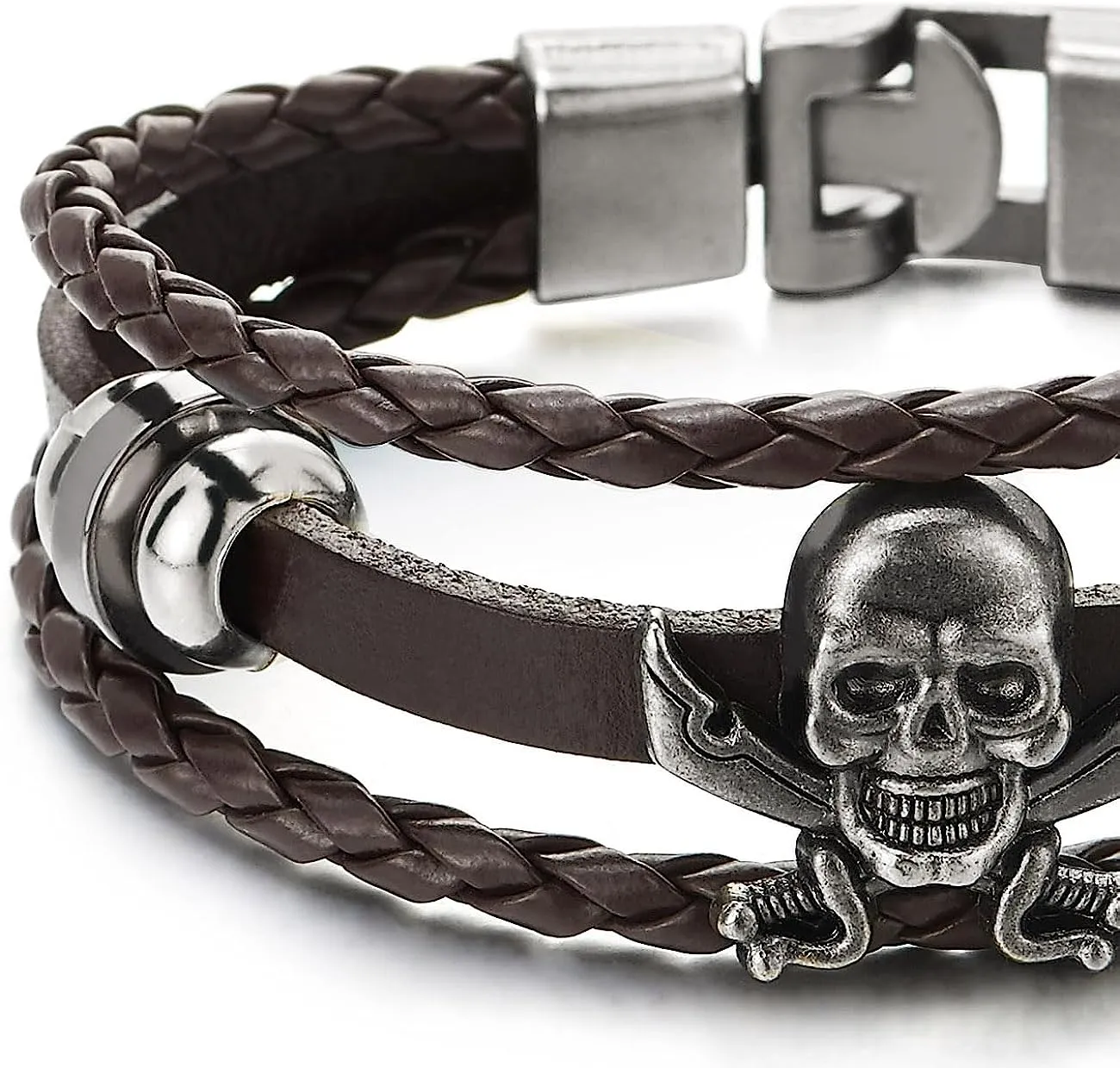 COOLSTEELANDBEYOND Brown Braided Leather Bracelet Sword Pirate Skull Mens Women Multi-Strand Leather Wristband