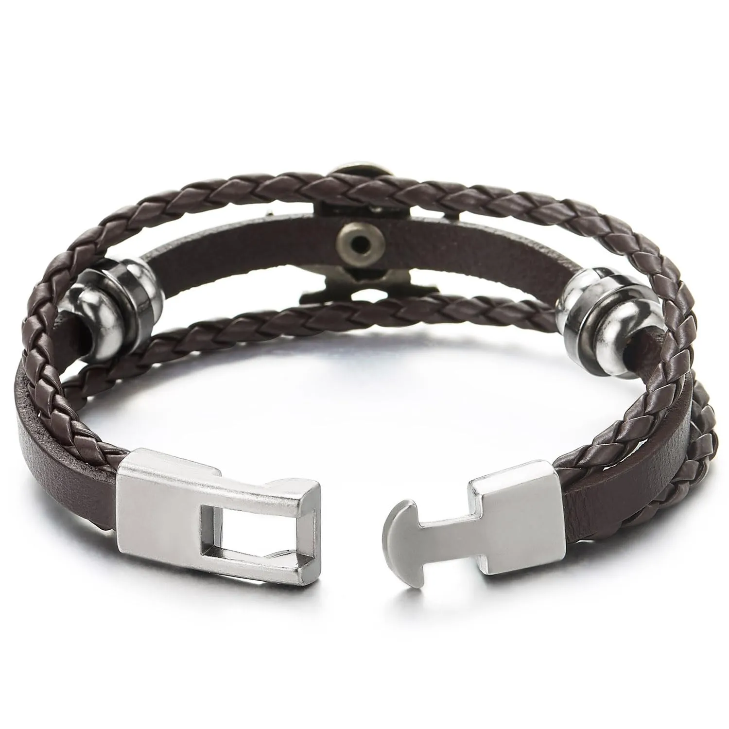 COOLSTEELANDBEYOND Brown Braided Leather Bracelet Sword Pirate Skull Mens Women Multi-Strand Leather Wristband