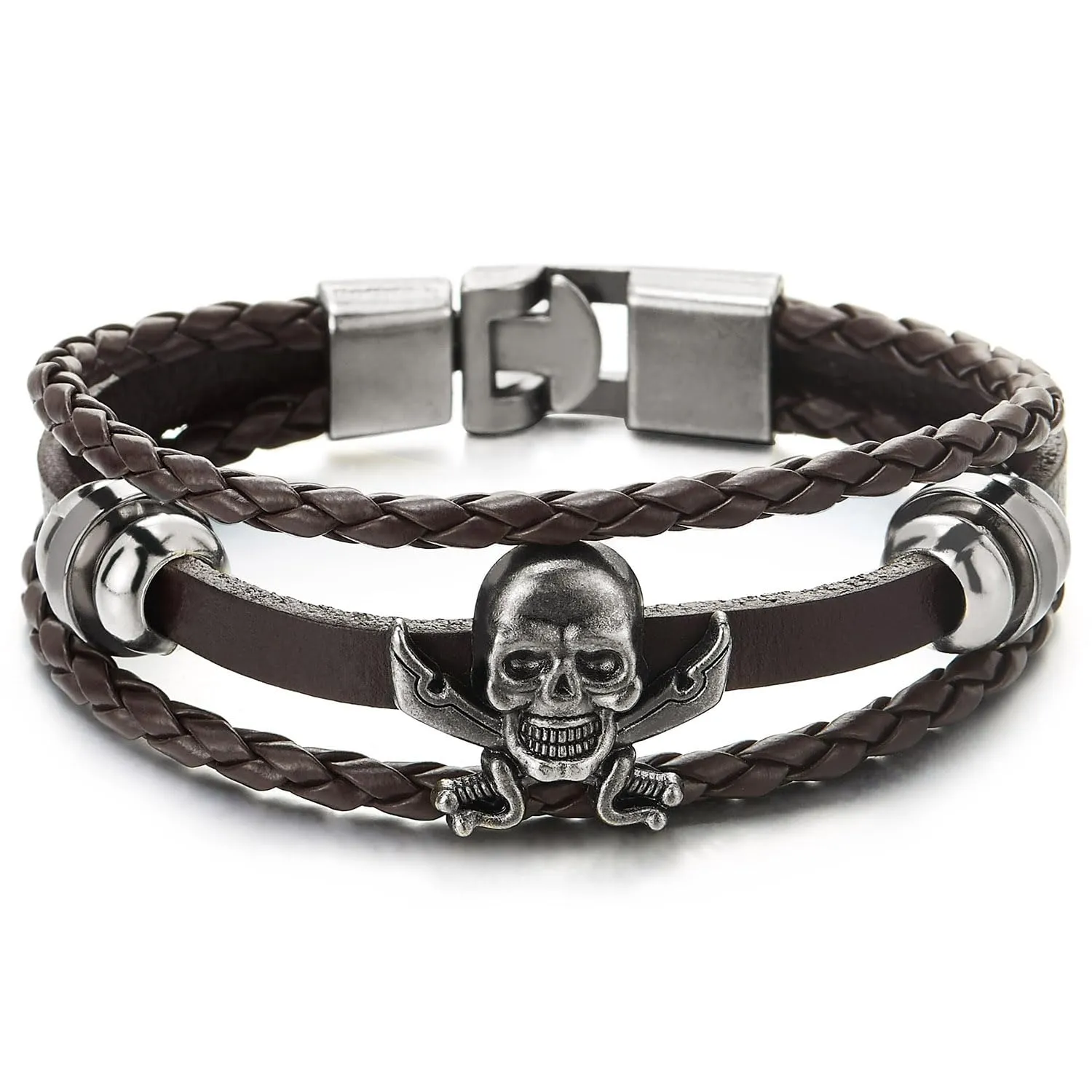 COOLSTEELANDBEYOND Brown Braided Leather Bracelet Sword Pirate Skull Mens Women Multi-Strand Leather Wristband