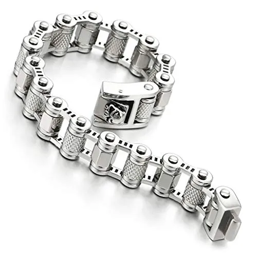 COOLSTEELANDBEYOND Masculine Mens Bike Motorcycle Link Bike Chain Bracelet of Stainless Steel with Skull Clasp