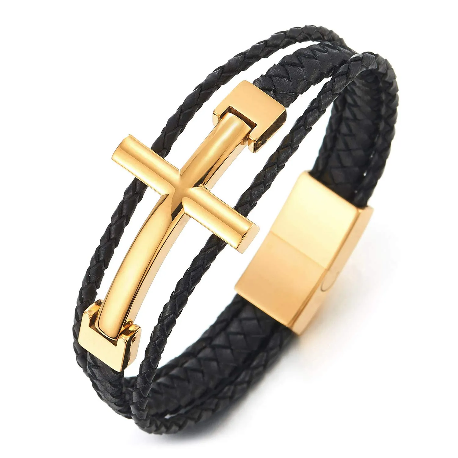 COOLSTEELANDBEYOND Men Stainless Steel Horizontal Sideway Lateral Cross Three-Row Braided Leather Bangle Bracelet