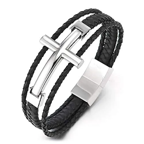 COOLSTEELANDBEYOND Men Stainless Steel Horizontal Sideway Lateral Cross Three-Row Braided Leather Bangle Bracelet