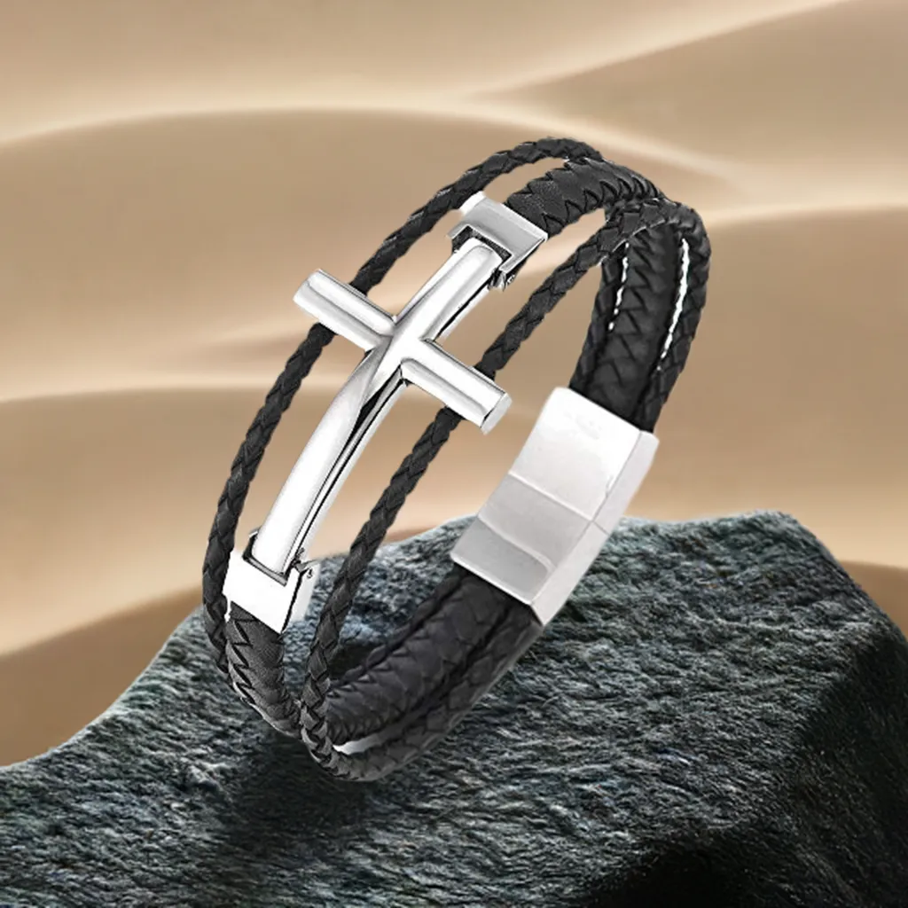 COOLSTEELANDBEYOND Men Stainless Steel Horizontal Sideway Lateral Cross Three-Row Braided Leather Bangle Bracelet