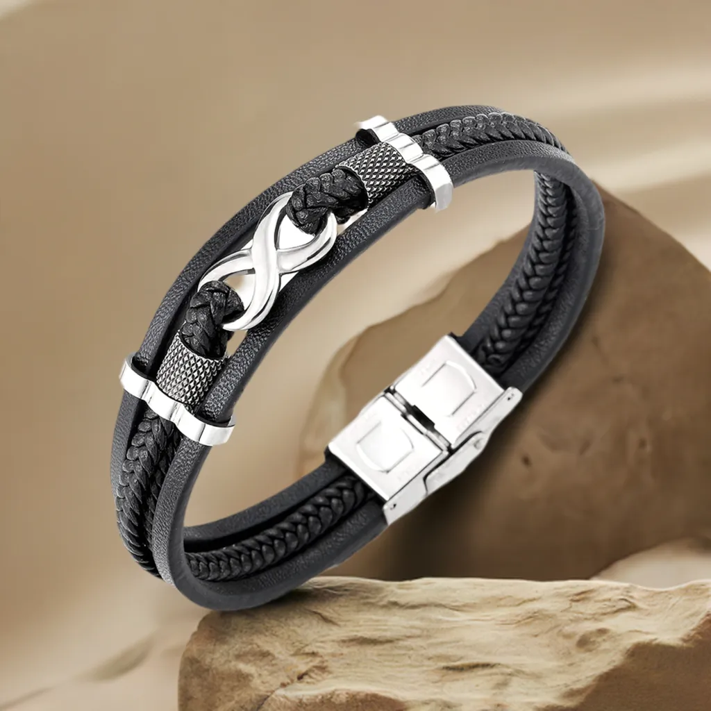 COOLSTEELANDBEYOND Three-Row Infinity Love Number 8 Friendship Braided Leather Bangle Wristband Bracelet