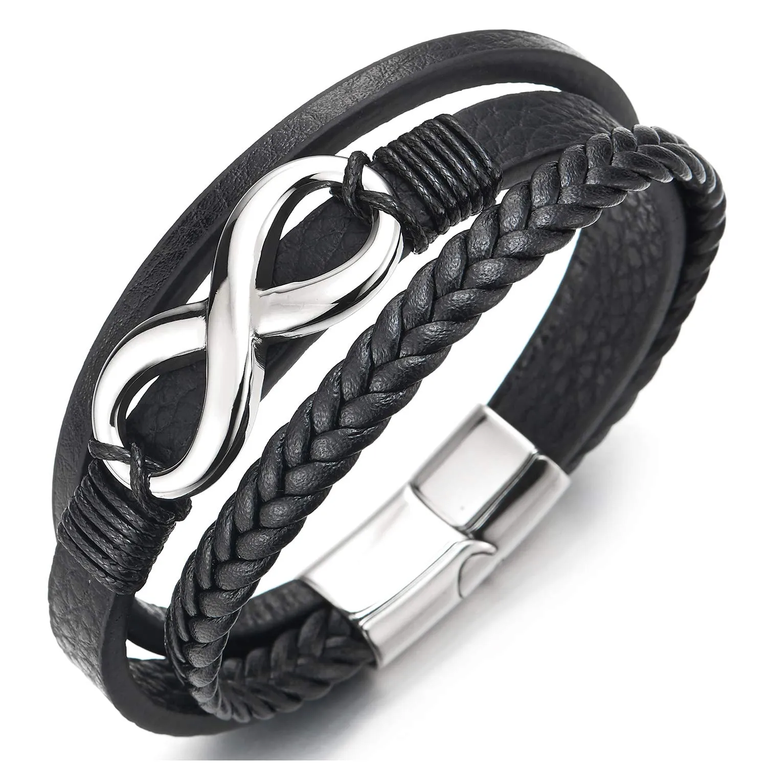 COOLSTEELANDBEYOND Three-Row Infinity Love Number 8 Friendship Braided Leather Bangle Wristband Bracelet