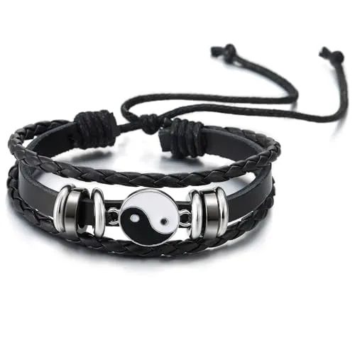 COOLSTEELANDBEYOND Yin-Yang Charm Bracelet, Black Leather Three-strand, Mens Womens Wrap Wristband