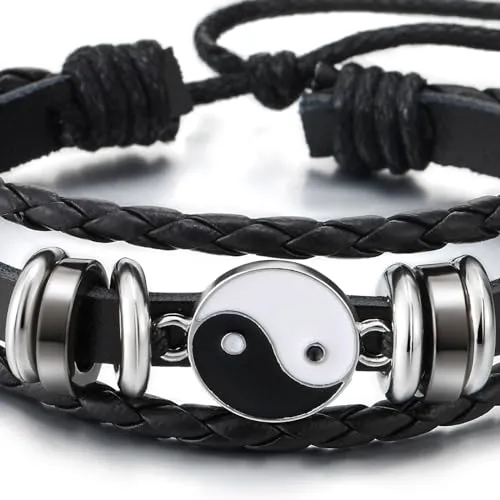 COOLSTEELANDBEYOND Yin-Yang Charm Bracelet, Black Leather Three-strand, Mens Womens Wrap Wristband