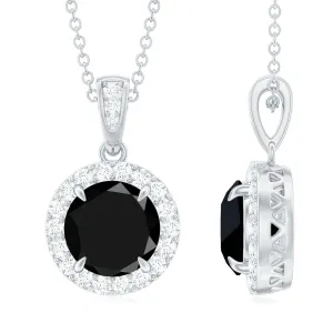 Created Black Diamond and Diamond Halo Pendant Necklace