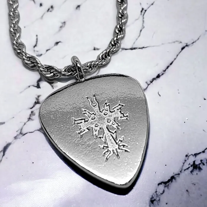 Cross Guitar Pick Rhodium Metal Finish Pendant Twisted Rope Chain Necklace